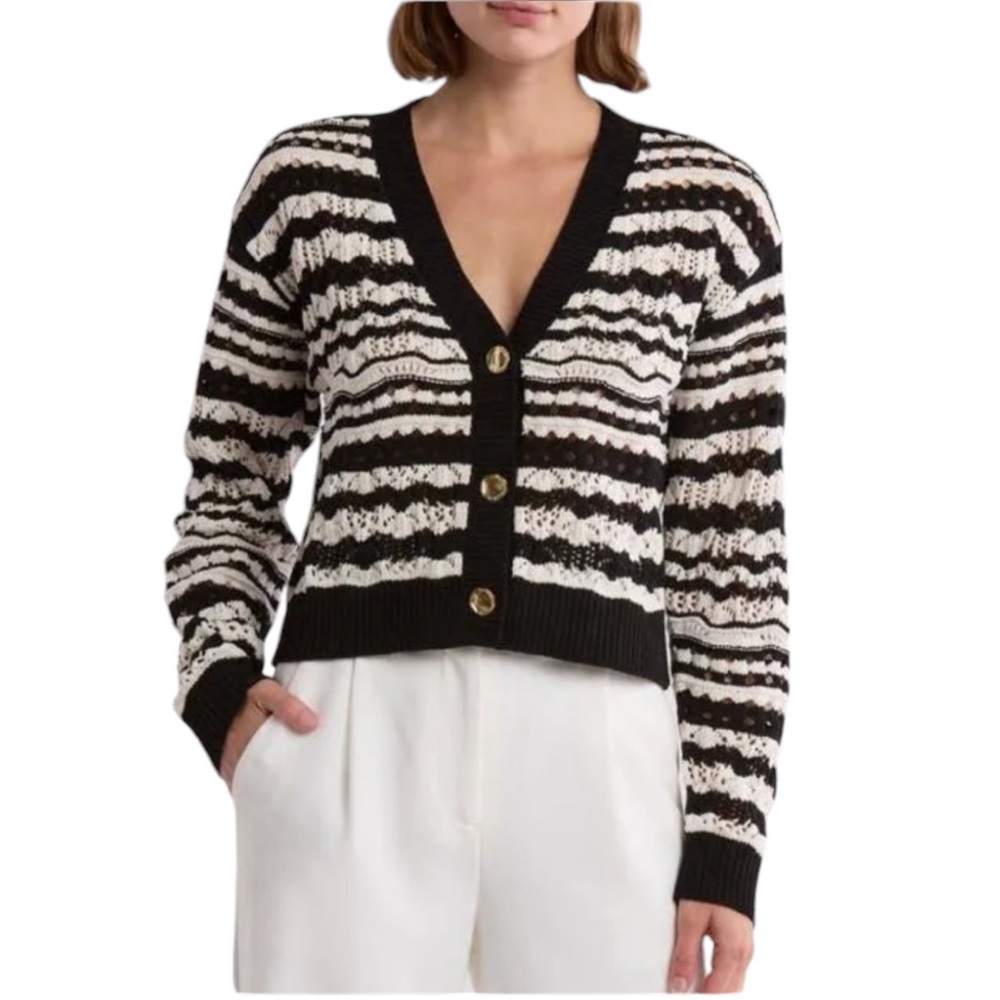 LAUNDRY by Shelli Segal Crochet Cropped Cardigan Sweater Black Cream Sz Med